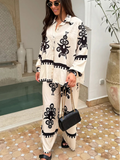 Printed Lace Up Casual Loose Pants Suit Women Chic Lapel Long Sleeves Shirt 2 Piece Sets 2024 Fashion Lady Street