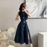 Kong-Style Sleeveless Denim Dress Women's Summer New Hollow High-Waisted Fishtail