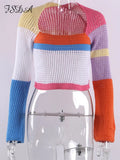 Knitted Long Sleeve Crop Top Women Beach Autumn Summer Patchwork Vintage Green Casual T Shirts Sexy
