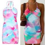 V Neck Print Sexy Backless Bodycon Dress Party Sleeveless Summer Halter Mini Dresses Women Fashion Streetwear