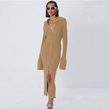 LongSleeve Bodycon Knitted Maxi Sweater Long Dress Lady Elegant Female Turn Down Collar Midi Split Slim Dresses