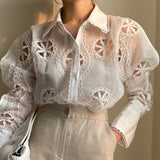 Zingj Chic Summer Court Style French Vintage Heavy Industry Lace Hollow Lantern Sleeves Lapel Shirt Jacket