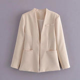 Solid Casual Women Suit Blazer Jacket Office Lady Double Pocket Cardigan Simple Coat Elegant Chic Streetwear