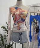 Design-Sensitive One-Shoulder Horn Long-Sleeved Mesh Yarn-Print T-Shirt With Short Tight Top