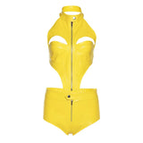 Leather Women 2 Piece Set Zipper Front Mock Neck Sleeveless Vest Punk Skinny Shorts Summer Sexy Night Club Party
