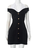 Black Off-Shoulder Contrast Halter Buttoned Mini Dress-Outfit
