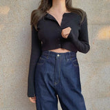 Long Sleeve Casual T shirt Thin Women's Knitted Cardigan Cropped CardigansSexy Solid Color Women T-shirt Crop