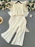 Senior Pleated Suits Long Flare Sleeves Ruched Top+High Waist Wide Legs Pants Female 2023 Autumn Solid Streetwear