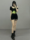 Patchwork Black Green T Shirt Women Short Sleeve Two Piece Set Ladies Tops Streetwear Crop Top Tee Shirt Femme