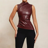 Zingj Women's 2024 New Leather Pile Collar Personality Closed Waist Oblique Hem Sleeveless Jacket Women's