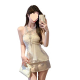Women 2025 Summer New Sweet And Spicy Body Quality Hanging Neck Top + High Waist Slim Half Skirt