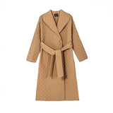 2020 autumn winter coat womens argyle long jacket thin parkas double breasted belt coat