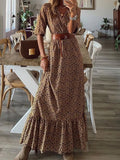 Chic V Neck Spring Summer Maxi Dress Loose Casual Ruffle A-Line Dress Elegant Floral Printed Women Half Sleeve