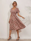 Queens Women Floral Print Short Sleeve Beach Sexy Bohemian Midi Dress Ladies V-neck Boho Sundress