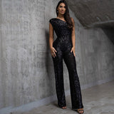 Women Elegant Long Jumpsuits Slanted Collar Party 2023 Sexy Glitter Sequin Club Playsuits Fashion Backless Solid