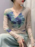 Autumn New Crossed V-neck Full Sleeve T-shirt Women's Fashion Printed Floral Mesh Tees Female Slim Top