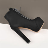 Onlymaker Women's Platform Round Toe Short Booties Block Chunky High Heel Lace Up Black Thick Plus Size Party Dress Ankle