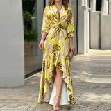 Women V Neck High Waist Irregular Ruffle Dress Spring Long Sleeve Boho Loose Beach Dress Chic Printed Party Banquet