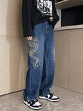 Men's Dragon Embroidered Straight Leg Jeans-Outfit