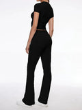 Short Sleeve Cropped Top Fold-over Flare Pants Set- Outfit