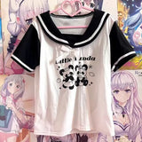 Aesthetic Preppy Short Sleeve T-shirts Contrast Color Salior Collar Sweet Kawaii Tops 2024 Women Fashion All Match Bow
