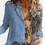 2021 Women Botton Vintage Polo-Neck Office Lady Spring Summer Loose Casual Cartoon Printing T-Shirt Long