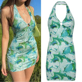 Summer Printed Sexy Backless Bodycon Mini Dress Cut Out V Neck Short Tank Dresses Women Fashion Streetwear