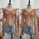 Vintage Print V-Neck Horn Sleeve Top Wooden Ear Lace With Short-Sleeved Long-Sleeved T-Shirt
