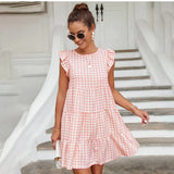 Fashion Plaid Boho Mini Dress For Women 2022 O-neck Sleeveless Ruffles Casual Loose Beach Party Dresses Robe