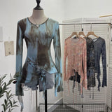 Irregular Tie With Lotus Leaf Side Tie Print Mesh Yarn Perspective Sunscreen Shirt T-Shirt T-Shirt Short T-Shirt