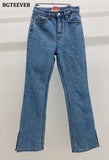 Chic Casual High Waist Pockets Women Straight Jeans Trousers Streetwear Split Long Denim Pants Femme 2021 Spring