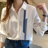 Han Queen New Blouse Women Spring Autumn Single Breasted Turn-down Collar Shirts Office Work Blouse Chiffon Vintage Loose