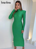 Shoulder Padded Long Sleeve Bodycon Green Party Club Maxi Long Dress 2022 Spring Autumn Women Fashion Elegant