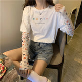 Women Long Sleeve T-shirts Spring Patch Designs Printed Sweat Fresh Korean Fashion Leisure Preppy Style Loose Teens BF Ins