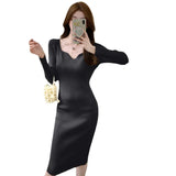 Zingj And Winter French Court Style V-Collar Temperament Elegant Slim Hip Knitted Dress Black Bottomed