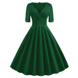 Green Solid Rockabilly 1950S Vintage Ruched V Neck Elegant Party Dress Women 2021 Summer Half Sleeve A Line Midi