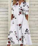 V Neck Short Sleeve Button Party Dress Women Vintage Printed Dress Casual Loose Flower Ladies Dresses Vestidos