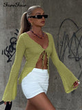 V Neck Bandage Green T Shirts Women Sexy Casual 2022 Summer Autumn Y2K Flare Long Sleeve Tops Vintage 90s