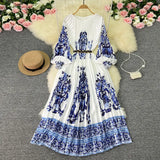 Zingj New Women's Dress Oversized Skirt Print Pleated Waist Lace Holiday