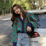 Women Long Sleeve V-Neck Print Sweet Comfortable Femme Cardigan Knitted Wear Casual All-match Warm Student Autumn