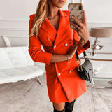 Long Sleeve Turn Down Collar Commute Slim Short Dress Women Solid V Neck Party Dress Sexy Double Button Office