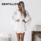 White Lace Dress Elegant Hollow Out V Neck Cross Lace Up Mini Sexy Dress Casual Short A-Line Dress Vintage