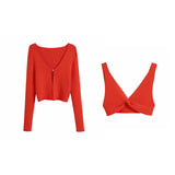Fashion Red Knitted Cardigan Cropped Top Midi Skirt 3 Pieces Optional High Waist Elegant Set Summer Bodycon