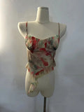 Sweet Hot Ruffles Mesh Camisole Top Lady Camis Sleeveless Printed Floral T shirts High Stretch Slim Tanks For Slim