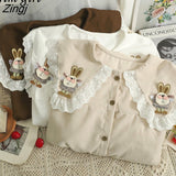 Embroidered Flowers Shirt Women Korean Peter Pan Collar Lolita Blouses Elegant Long Sleeve Single Breasted Blusas