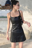 Spring Autumn Black Faux Leather Spaghetti Strap Mini Dress Women with Chain Short Sexy Backless Fitted Clothing
