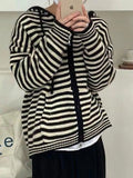 Hooded Striped Long Sleeve Knit Cardigan- Outfit