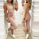 Women Daily Wear Outfits Pink Striped Sleeveless Lace-Up Sexy Spaghetti Strap Jumpsuit Summer Elegant Skinny Long