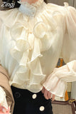 Fashion Chiffon Lace Shirts Stand Collar Korean Ruffles Stitching Button Blouse Woman Long Flare Sleeve Loose Tops