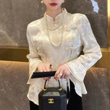Chinese Women's Wear 2023 Spring Dress New Blouse High-End National Style Vintage Plate Button Blouse White Jacquard